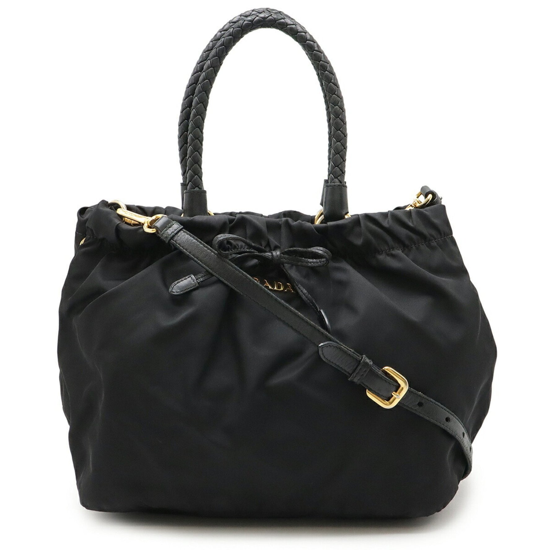 PRADA Ribbon Gathered Handbag Tote Bag Handle Shoulder Nylon NERO Black