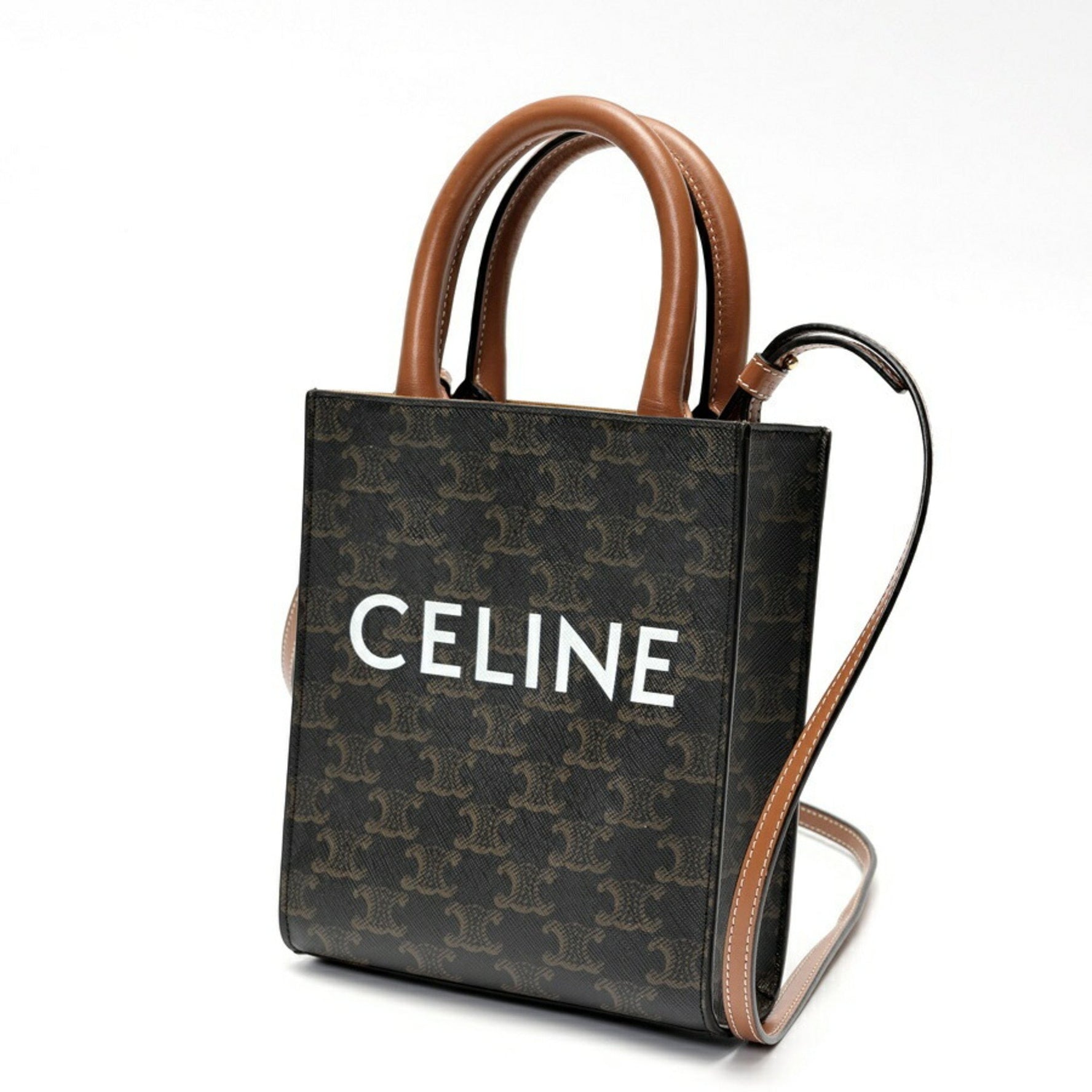 CELINE Mini Vertical Cabas Shoulder Bag Printed Triomphe Canvas Calfskin Tan