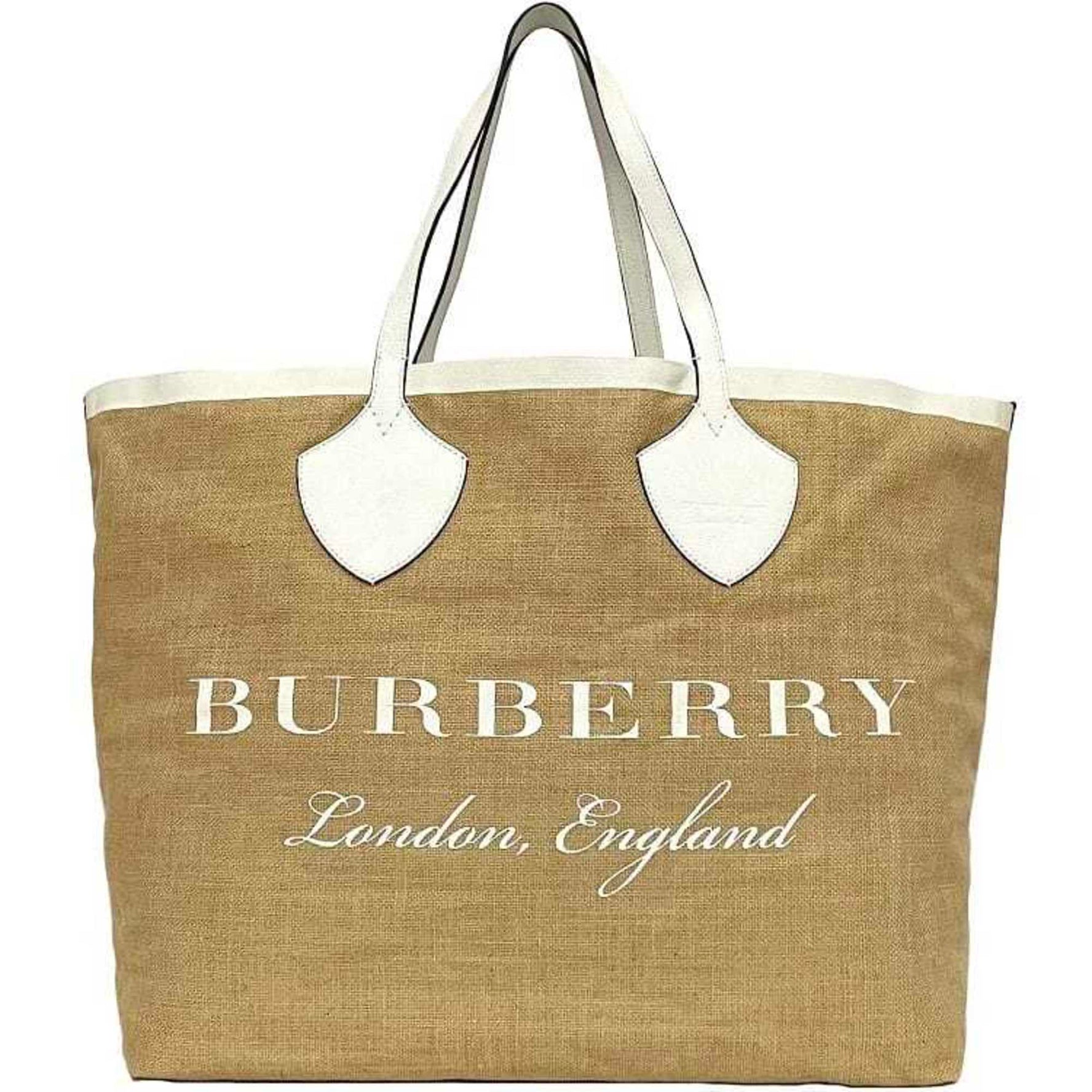 Burberry Tote Bag White Natural Beige Raffia Leather Large Big Print Men's