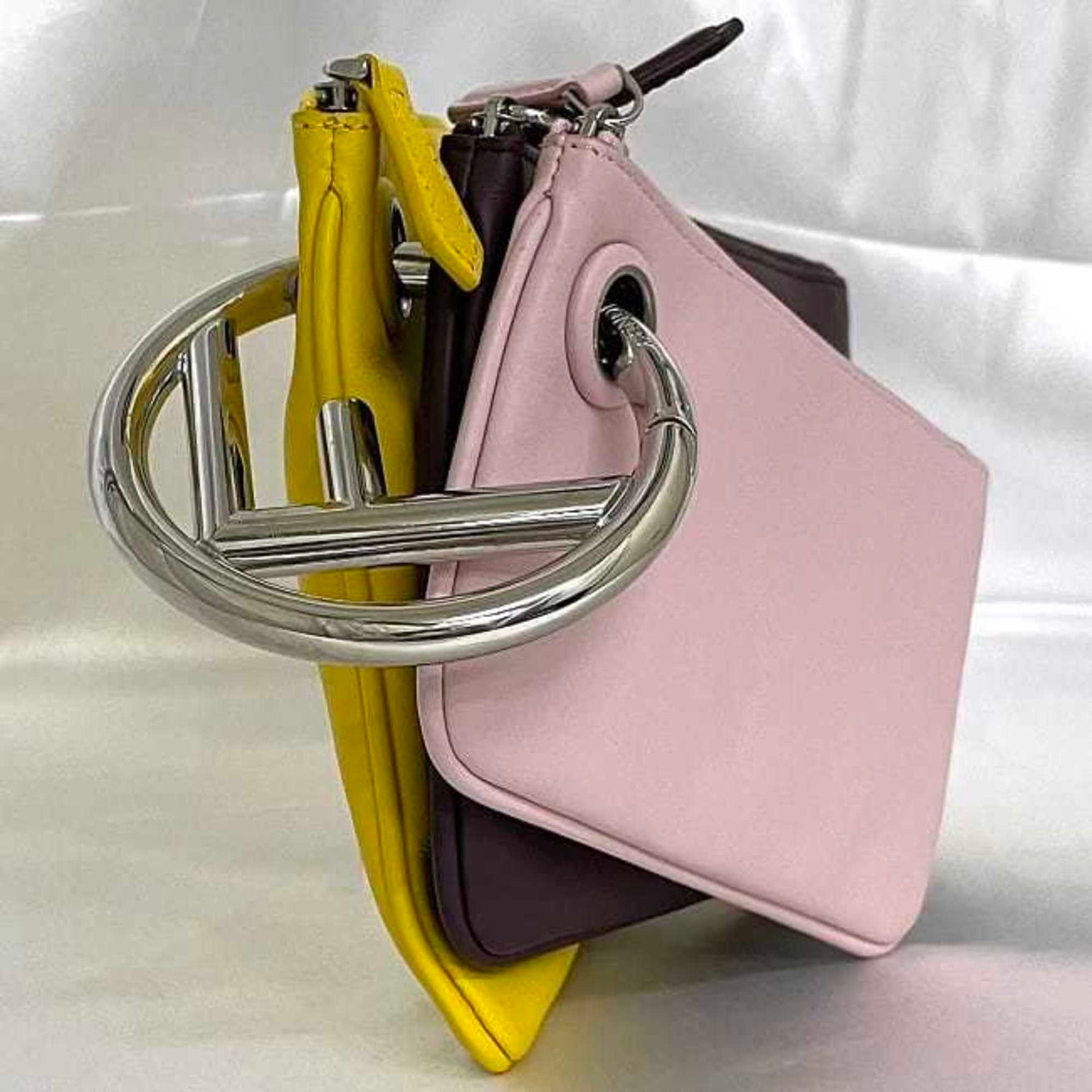 FENDI Clutch Bag Triplet Pouch Pink Bordeaux Yellow Handbag Leather F's Compact Ladies