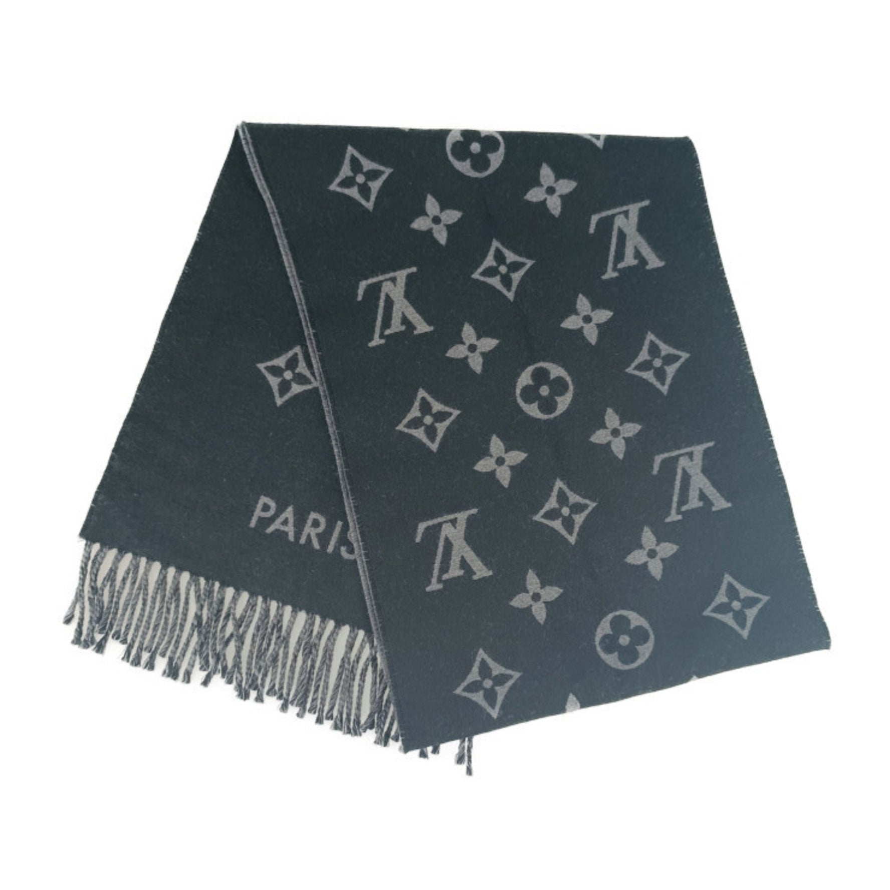 Louis Vuitton Scarf All About Monogram Black Gray 100% Wool Men's