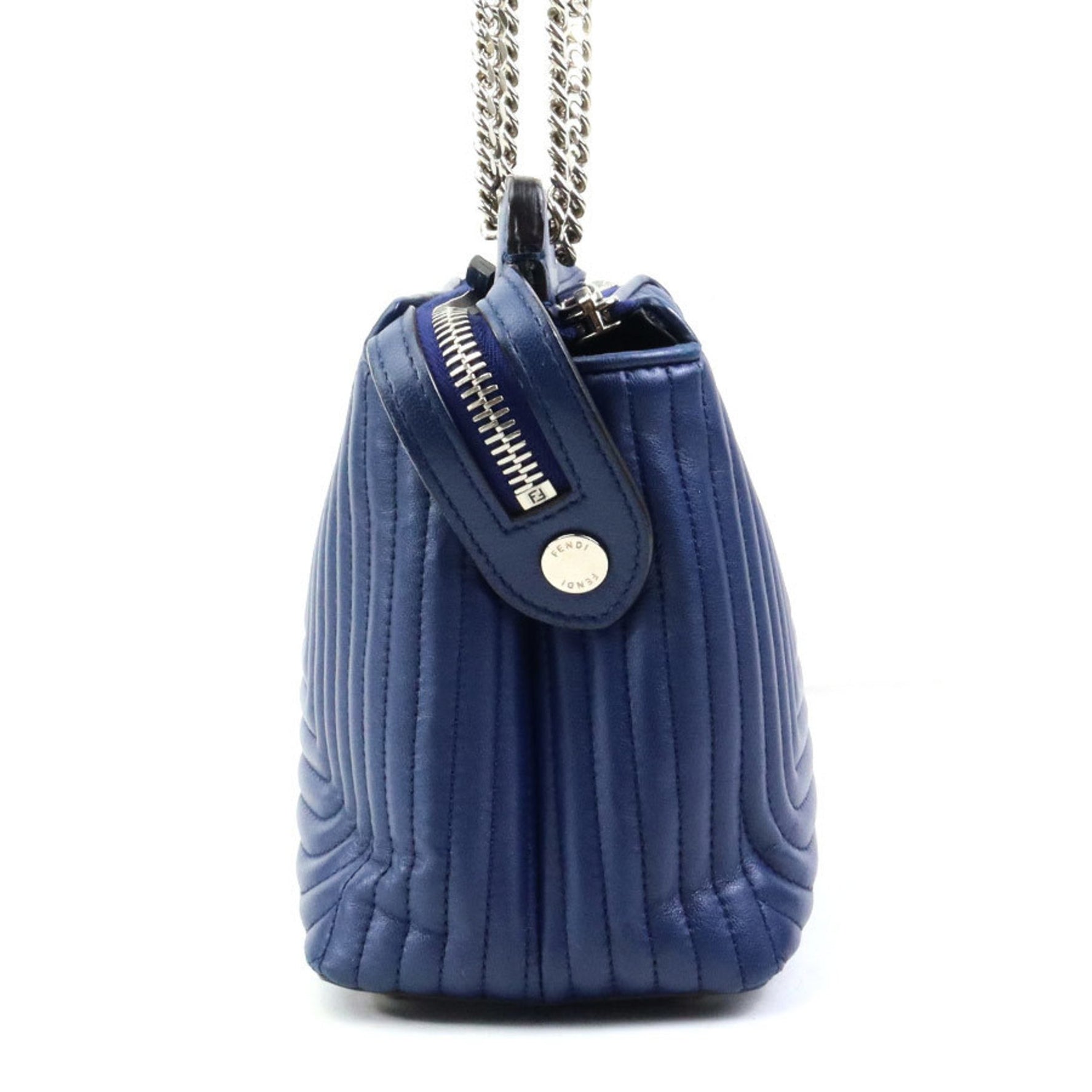FENDI Shoulder Bag Dotcom Leather Navy Blue Silver