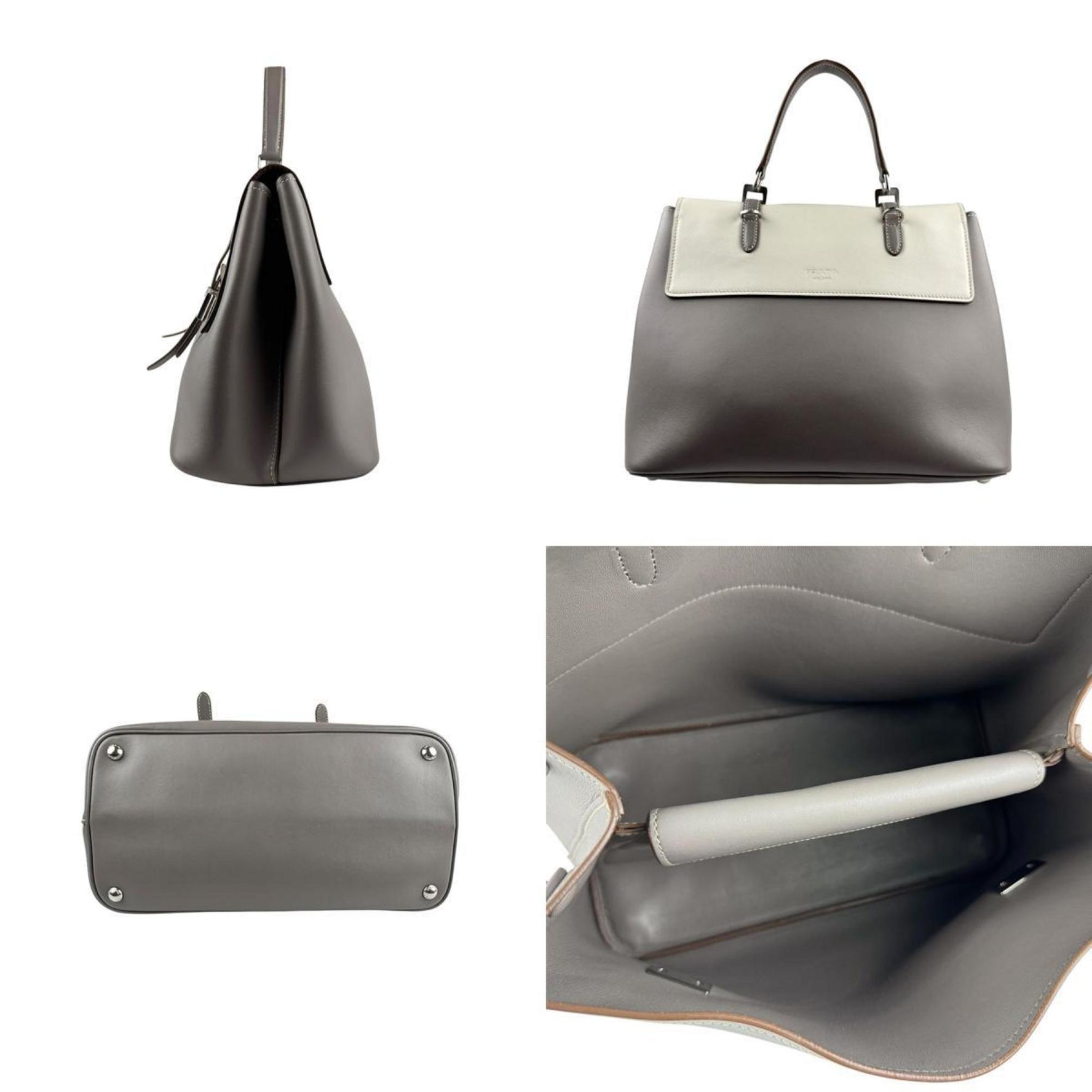 PRADA handbag shoulder bag leather grey off-white silver ladies