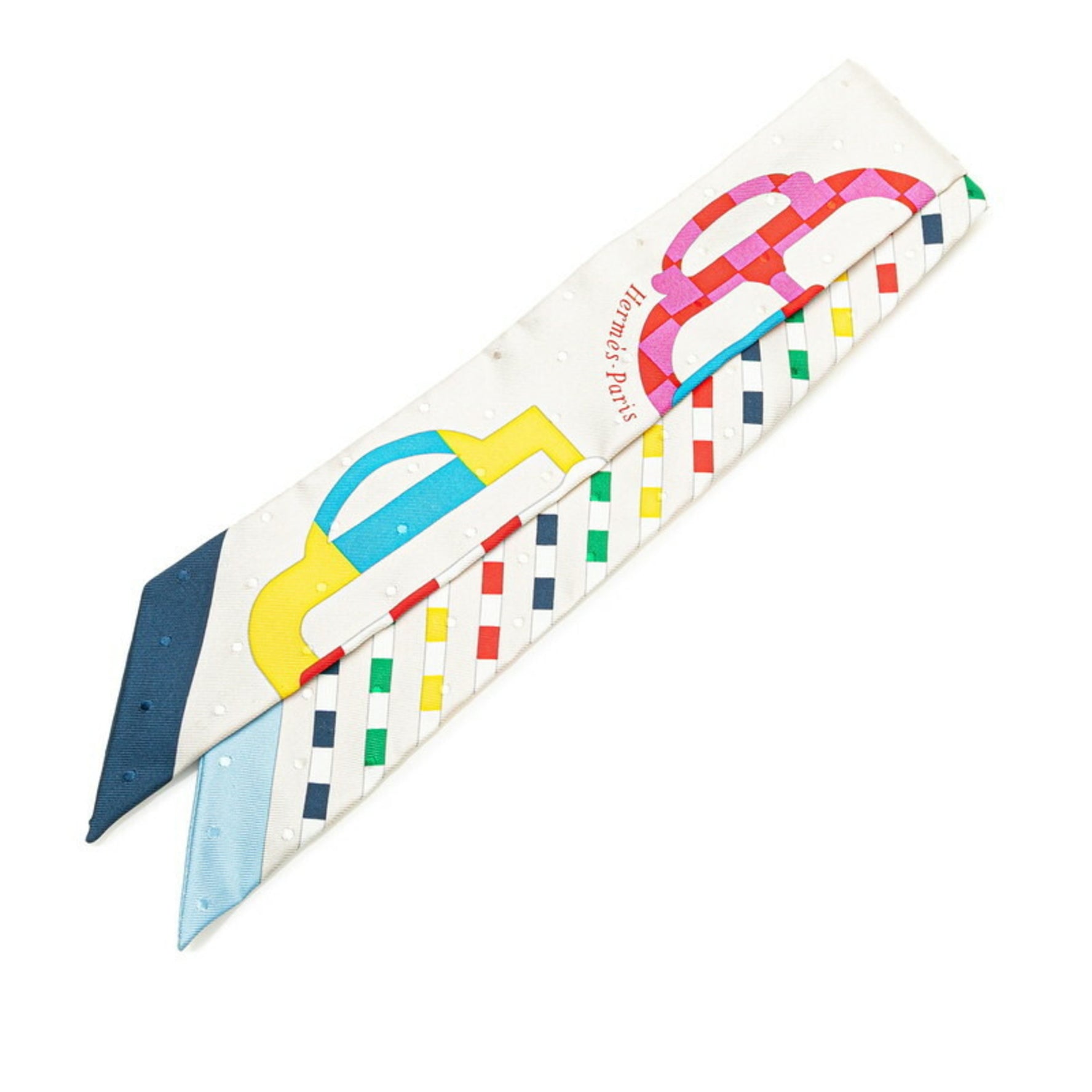 Hermes Twilly Bouclerie moderne Modern Buckle Scarf Muffler Light Gray Blue Multicolor Silk