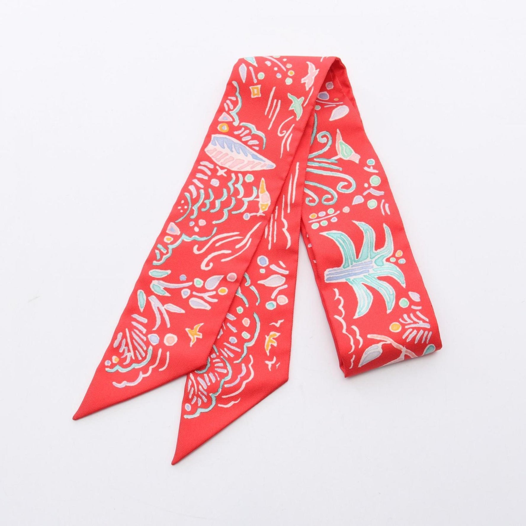Hermes Twilly ISOLA DI PRIMAVERA Scarf Silk Red Multicolor