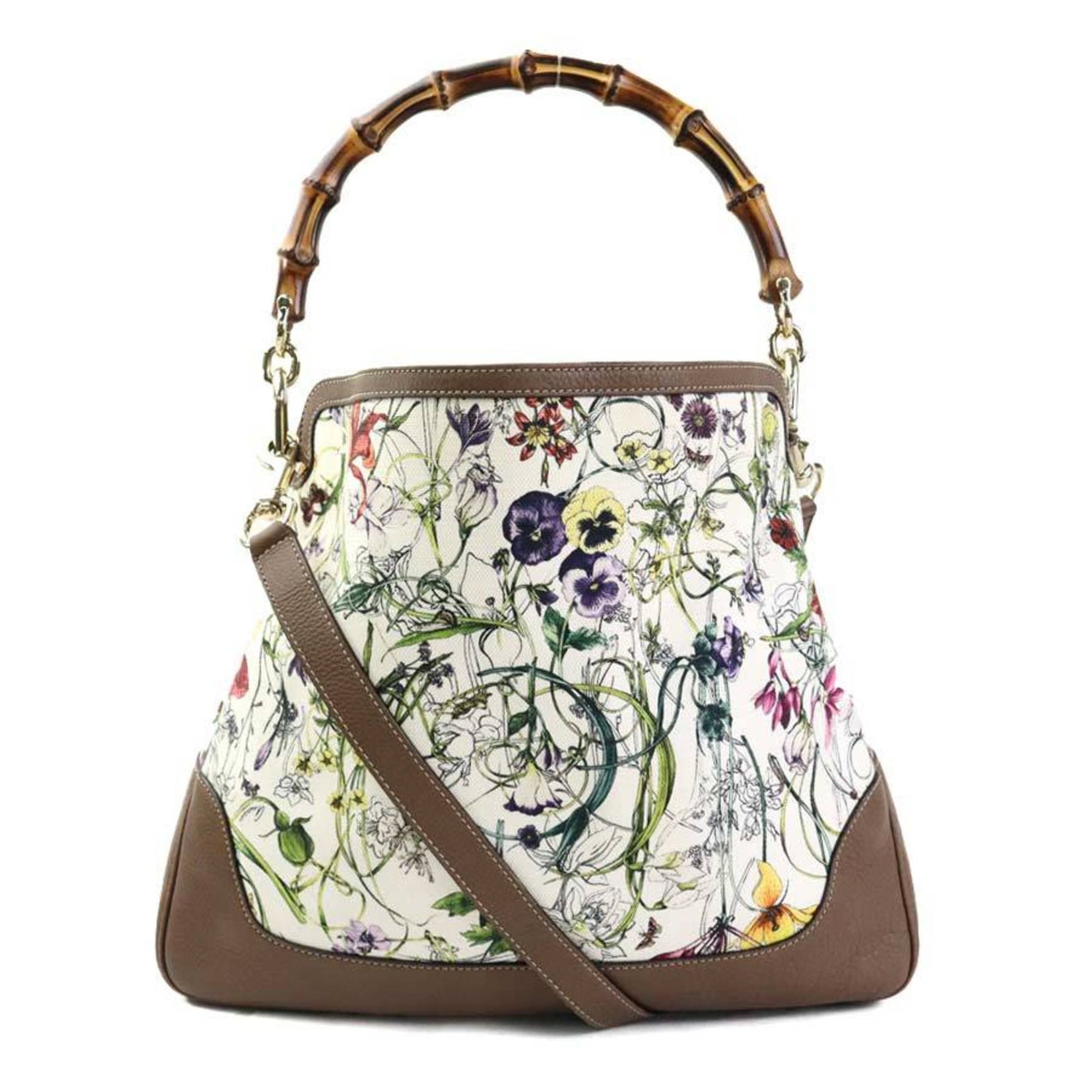 GUCCI Handbag Shoulder Bag Bamboo Flora Canvas Leather Brown x Ivory Multicolor