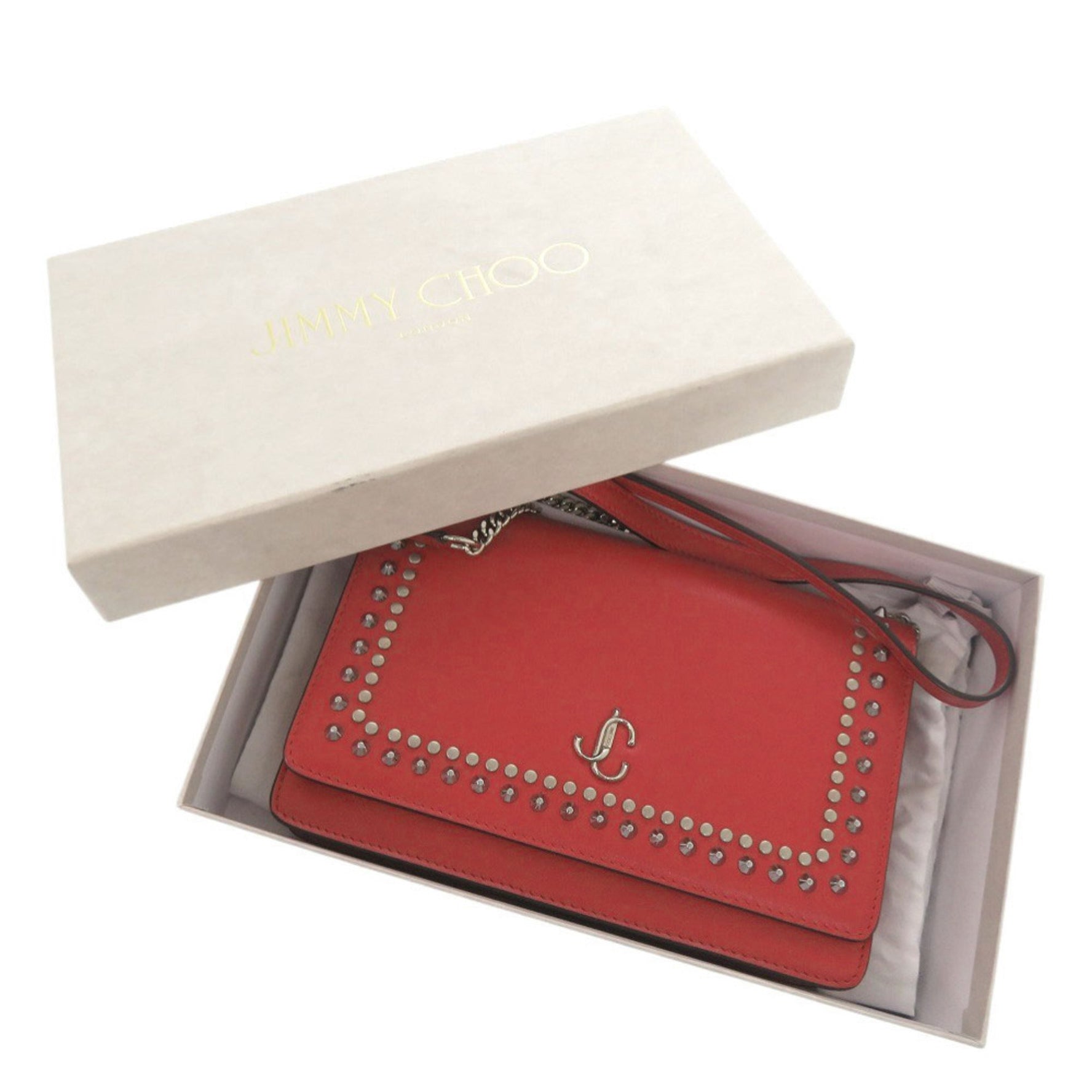 Jimmy Choo Varenne Studded Leather Red Chain Wallet Shoulder Bag (Red) 0812 JIMMY CHOO