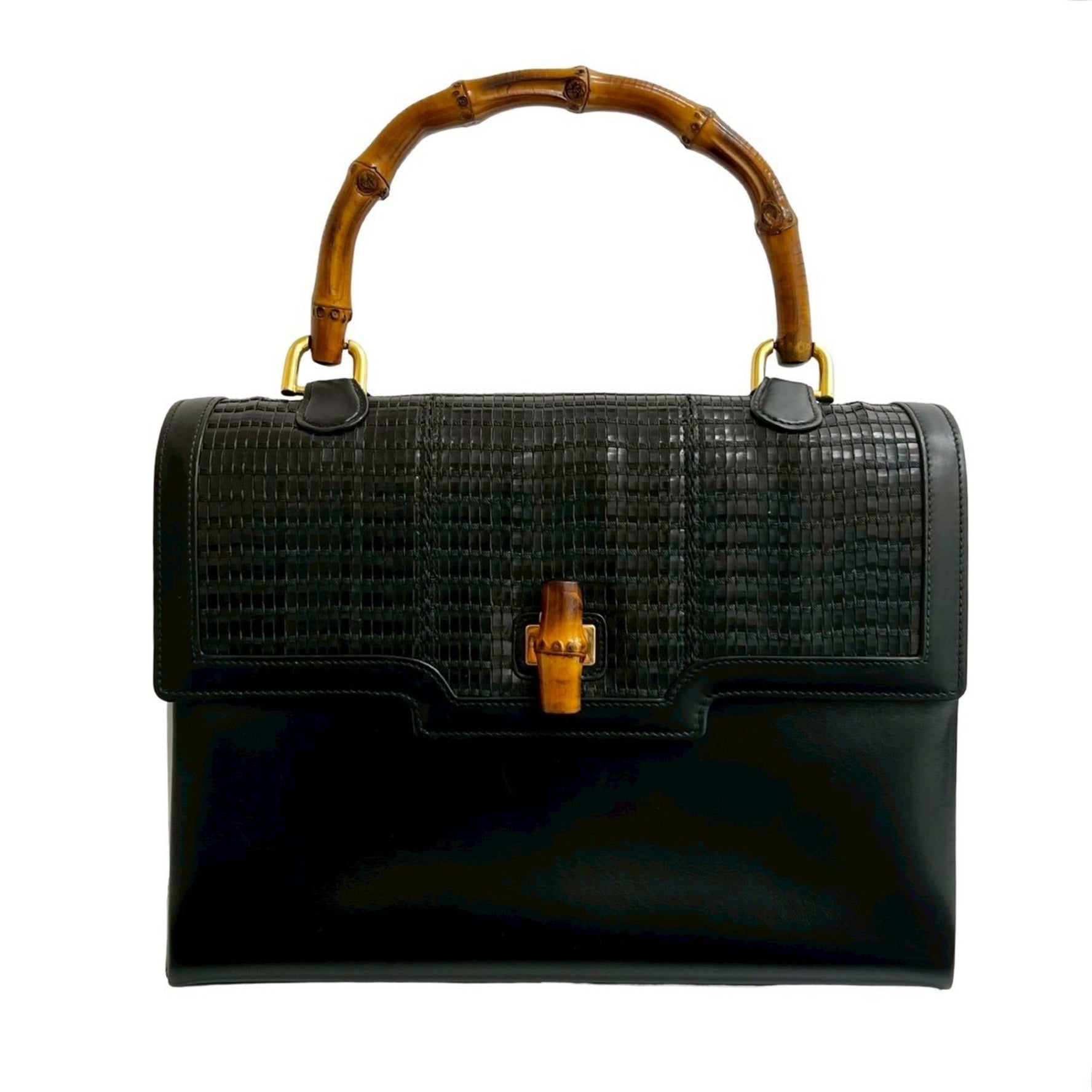 GUCCI Old Vintage Turnlock Bamboo Leather Handbag Tote Bag 00034