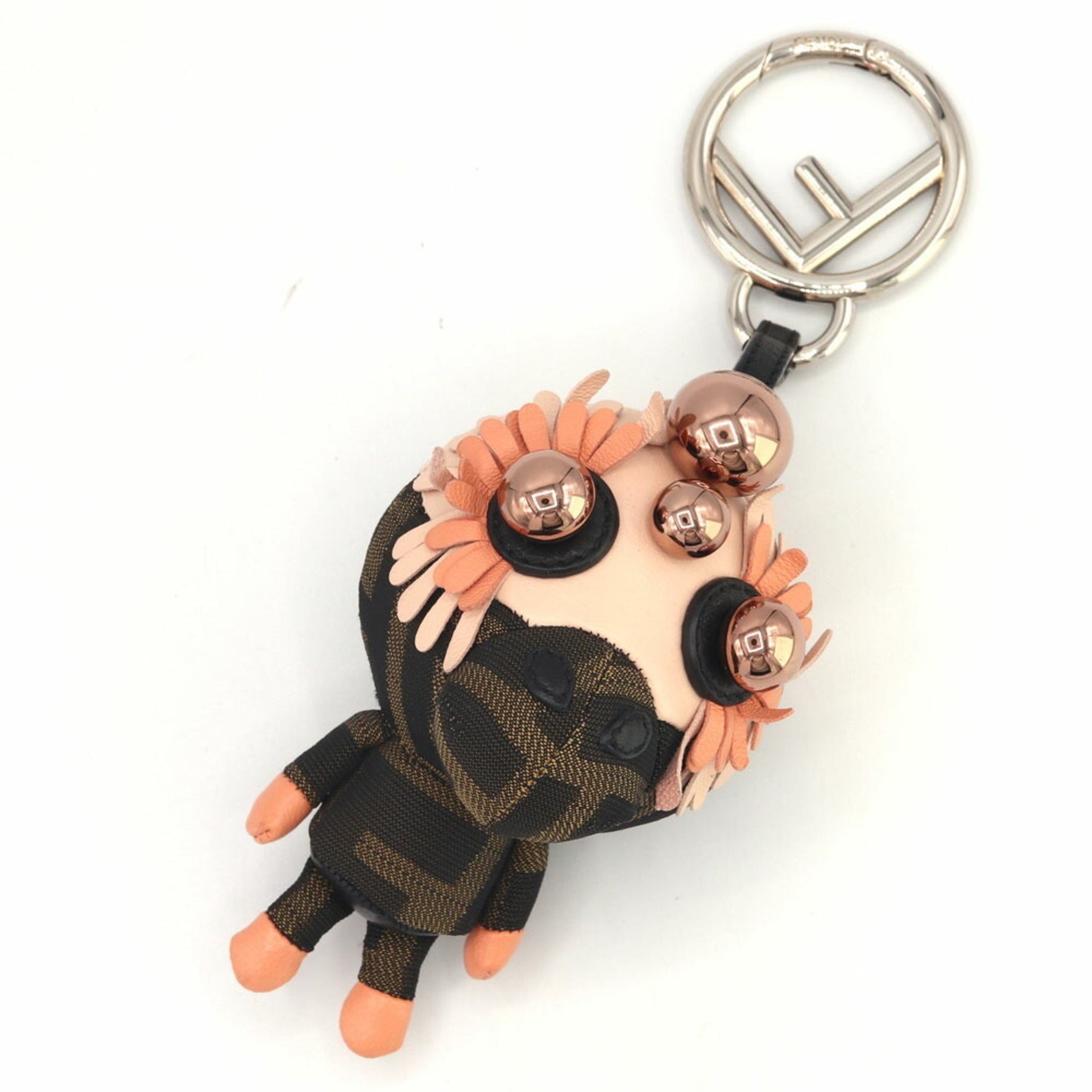 Fendi Zucca Space Monkey Bag Charm Khaki Pink Canvas Leather Keychain Key Ring