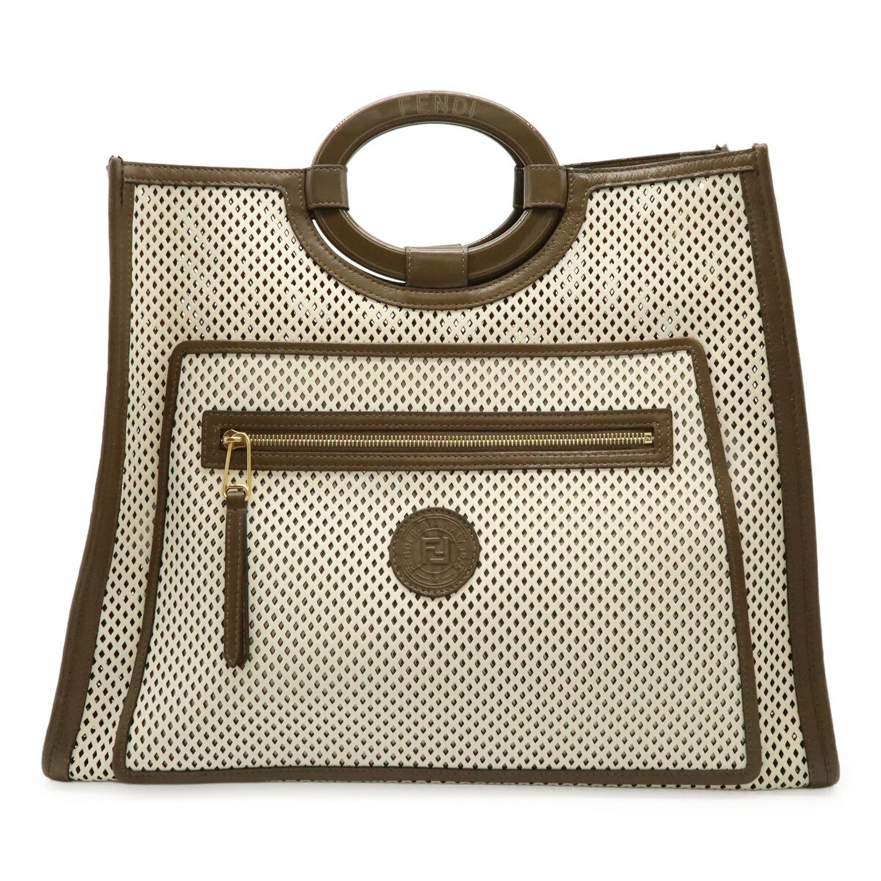 FENDI Runaway Shopper Handbag/Tote Bag, Large Tote, Leather, Ivory/Brown