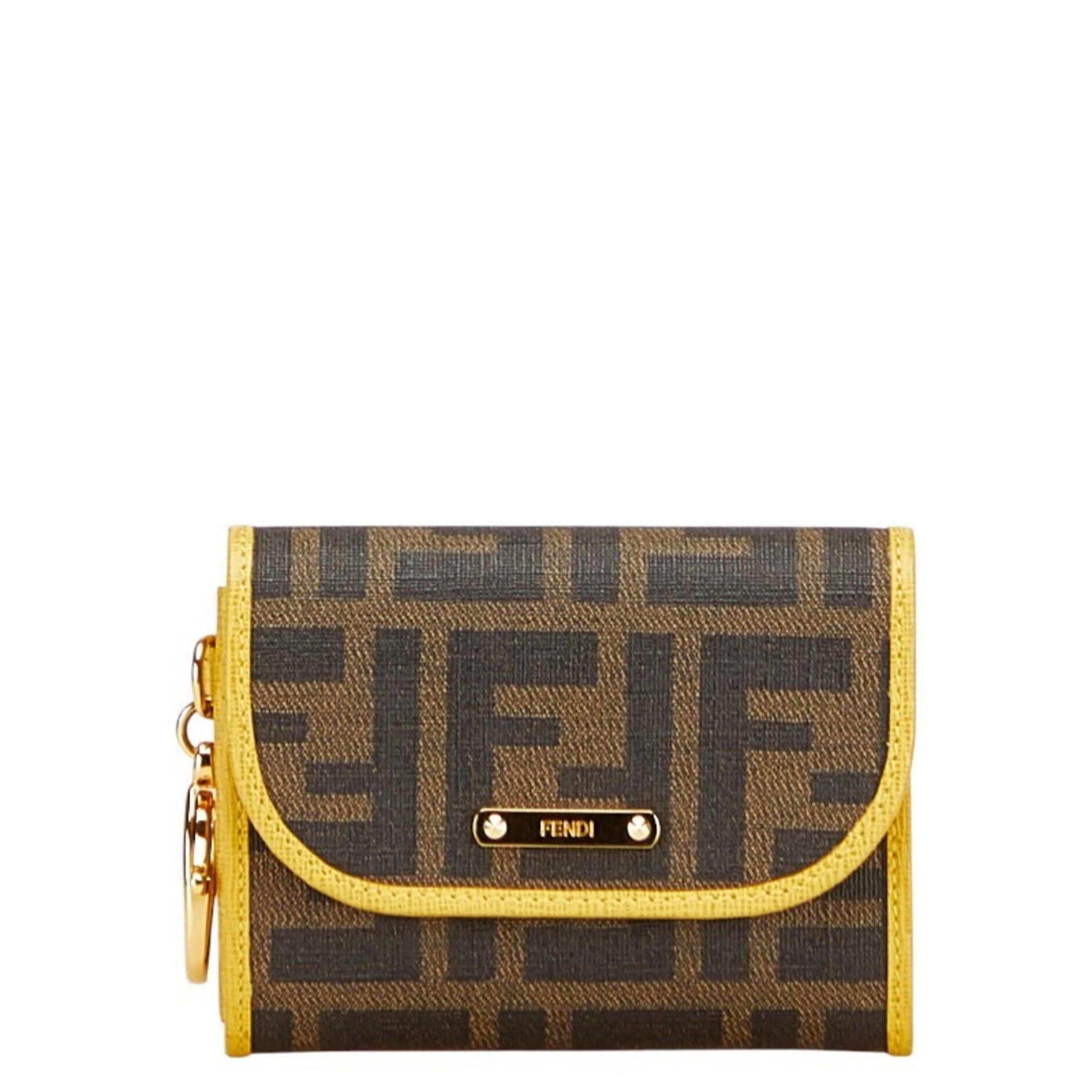 Fendi Zucca Coin Case, Brown, Yellow, PVC, Leather