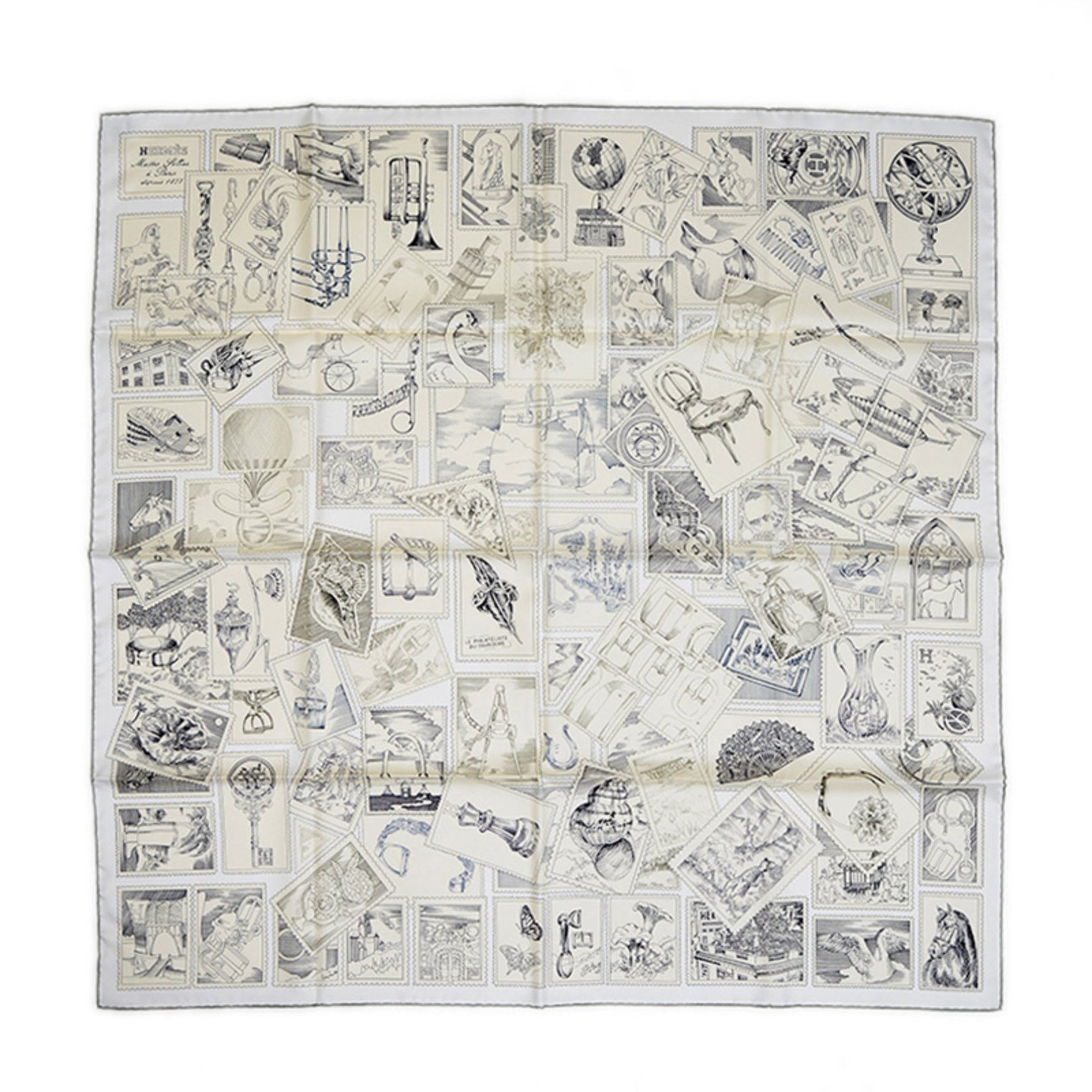 Hermes Hermès Carré 90 Scarf/Muffler, Faubourg Stamp Lover, Silk, Grey, Parchemin, White, BP