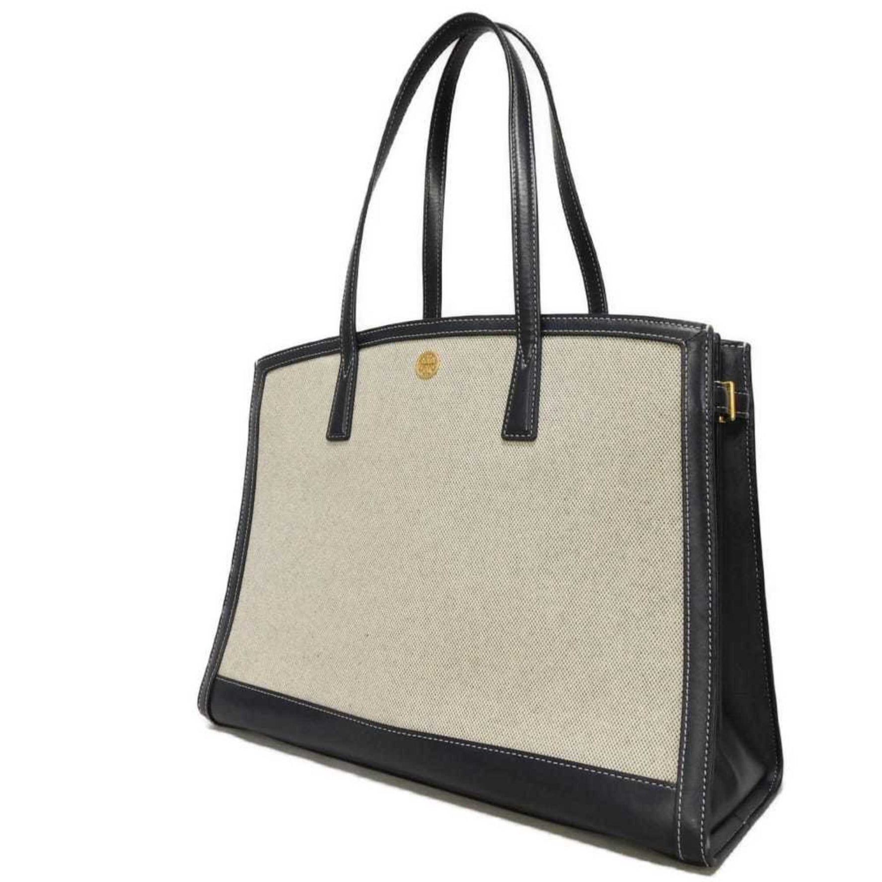 Tory Burch Walker Large Canvas Satchel Tote Bag in Navy Calfskin with Double T Natural Shoulder