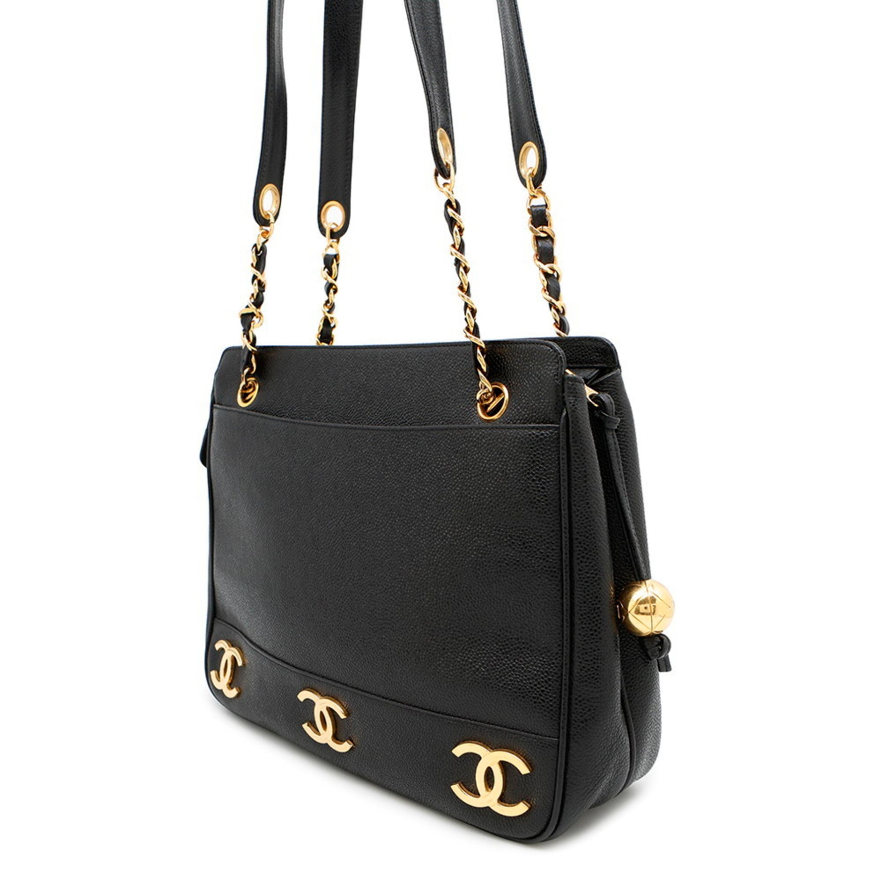 CHANEL Chain Tote Bag with Triple Coco Mark and Caviar Leather Double Shoulder