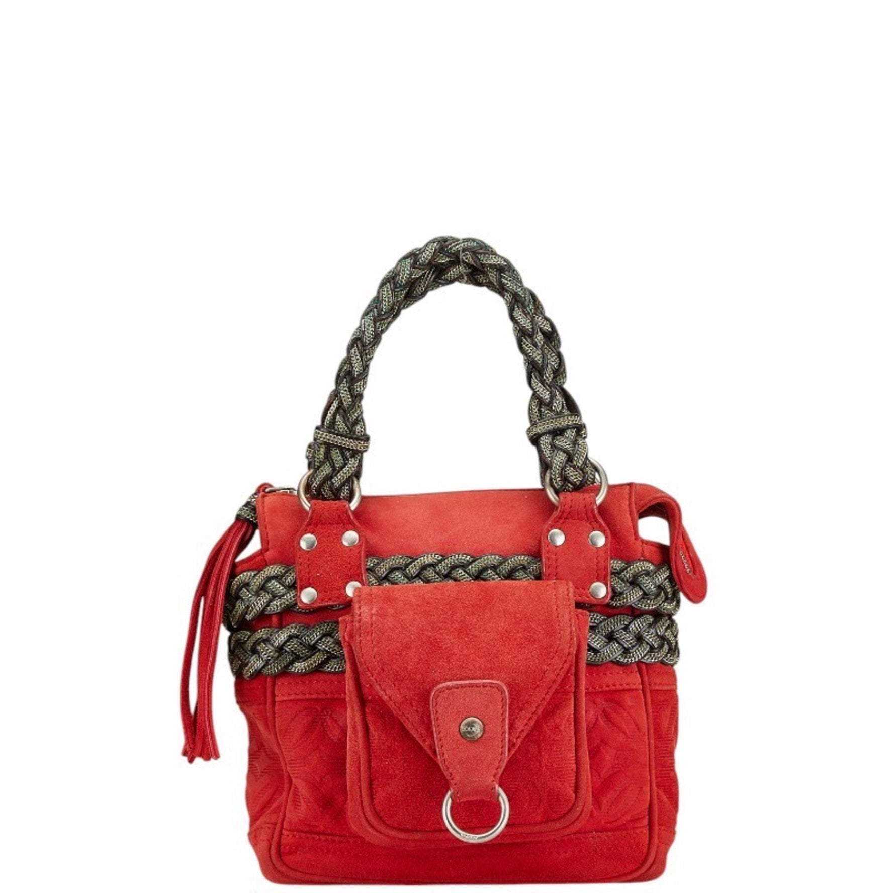 LOEWE Anagram Chain Design Handbag Red Green Suede