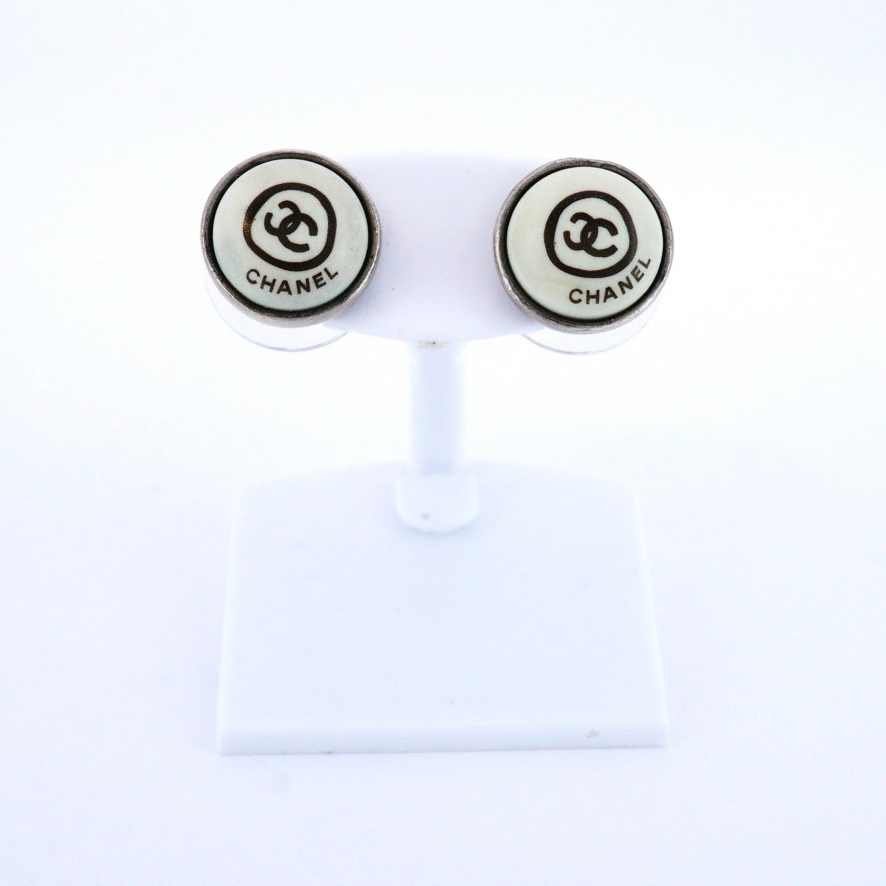 Chanel Coco Mark Circle Metal Earrings in Silver and White