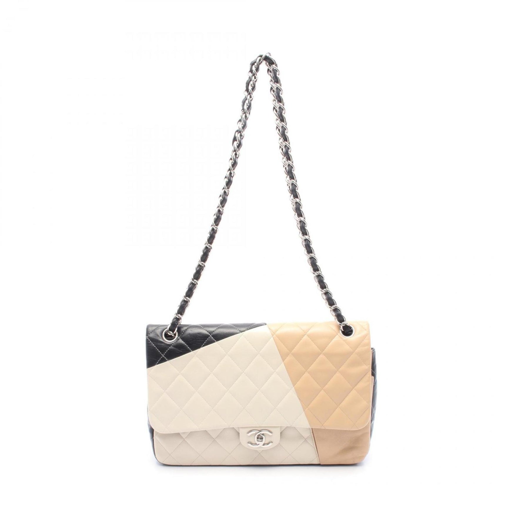 CHANEL Matelasse W-flap shoulder bag, lambskin, black, white, beige