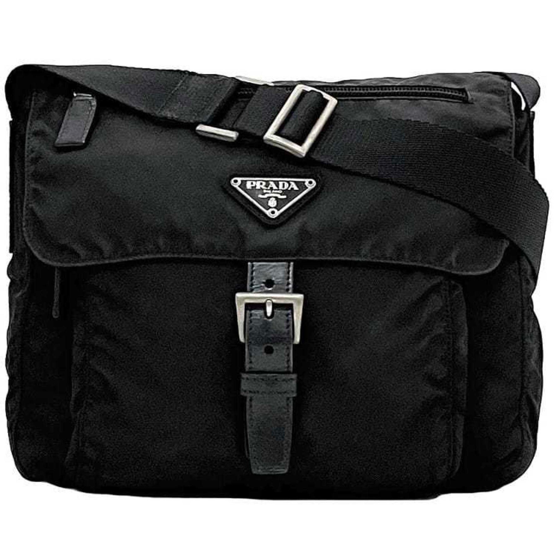 Prada Shoulder Bag Black NERO Tessuto Crossbody Nylon Flap Triangle Plate Men's Belt