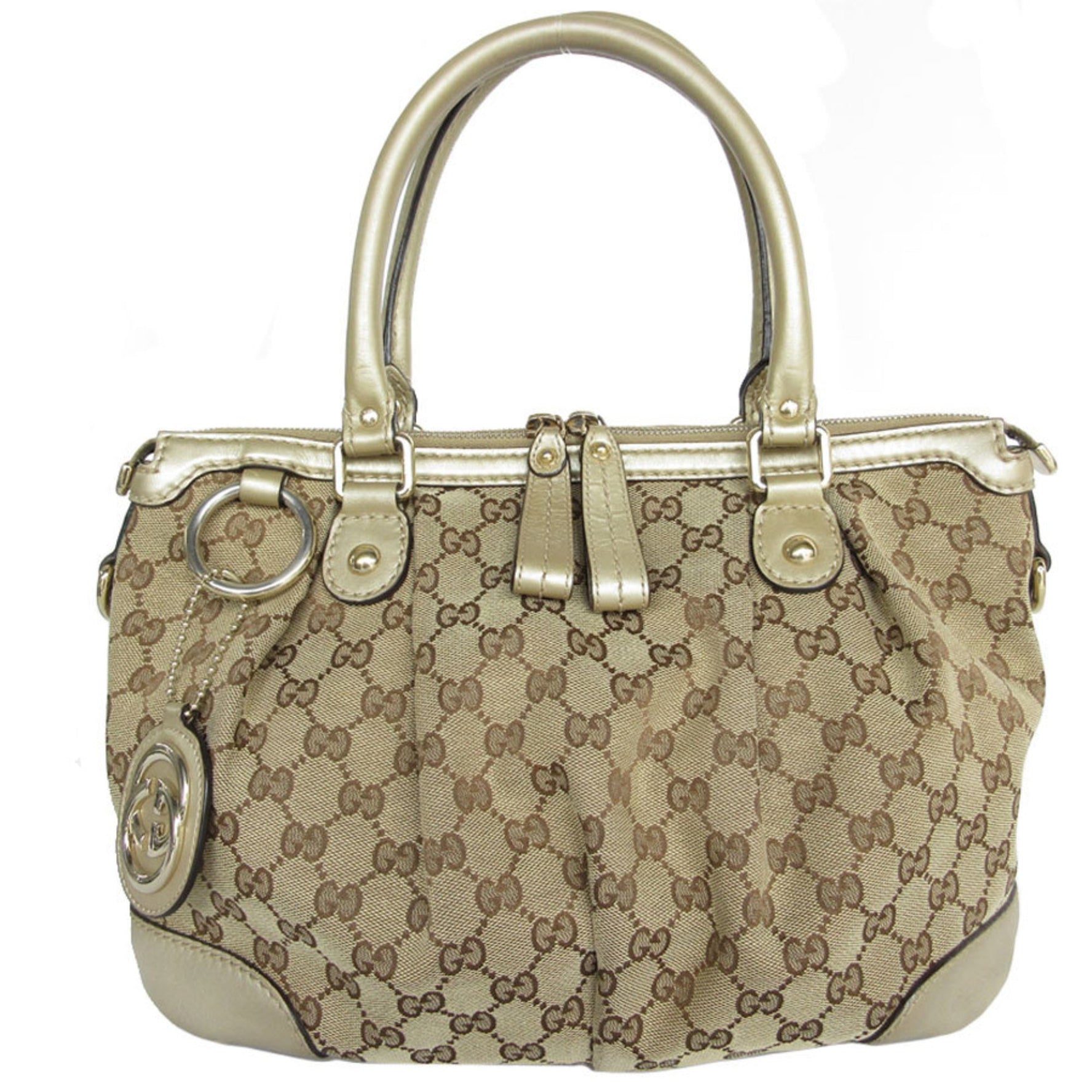 Gucci Handbag GG Canvas Leather Beige Gold Light