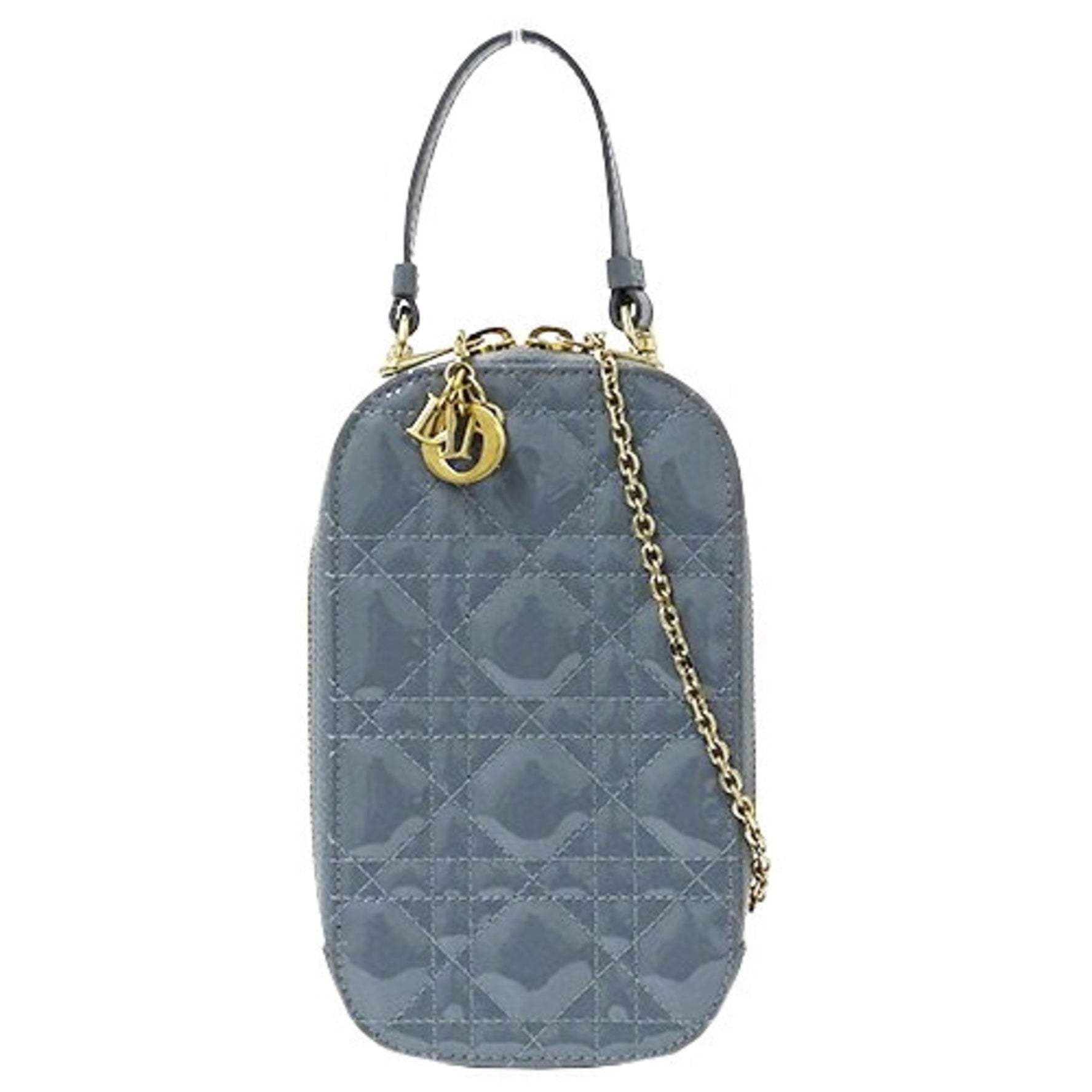 Christian Dior Dior Pouch Phone Holder Cannage Patent Leather Enamel Blue Gray Smartphone Chain Shoulder