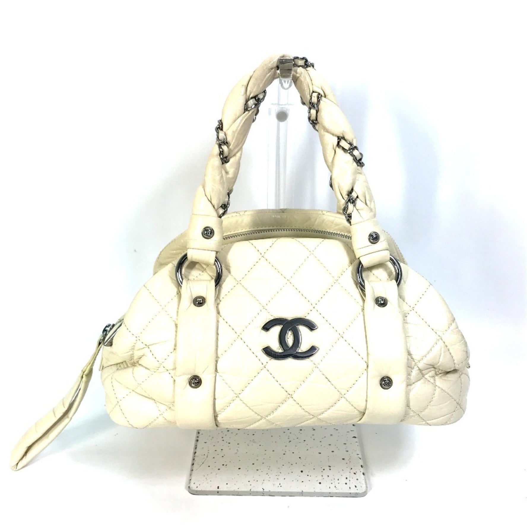 CHANEL Bubble Quilt CC Coco Mark Chain Boston Bag Handbag Leather