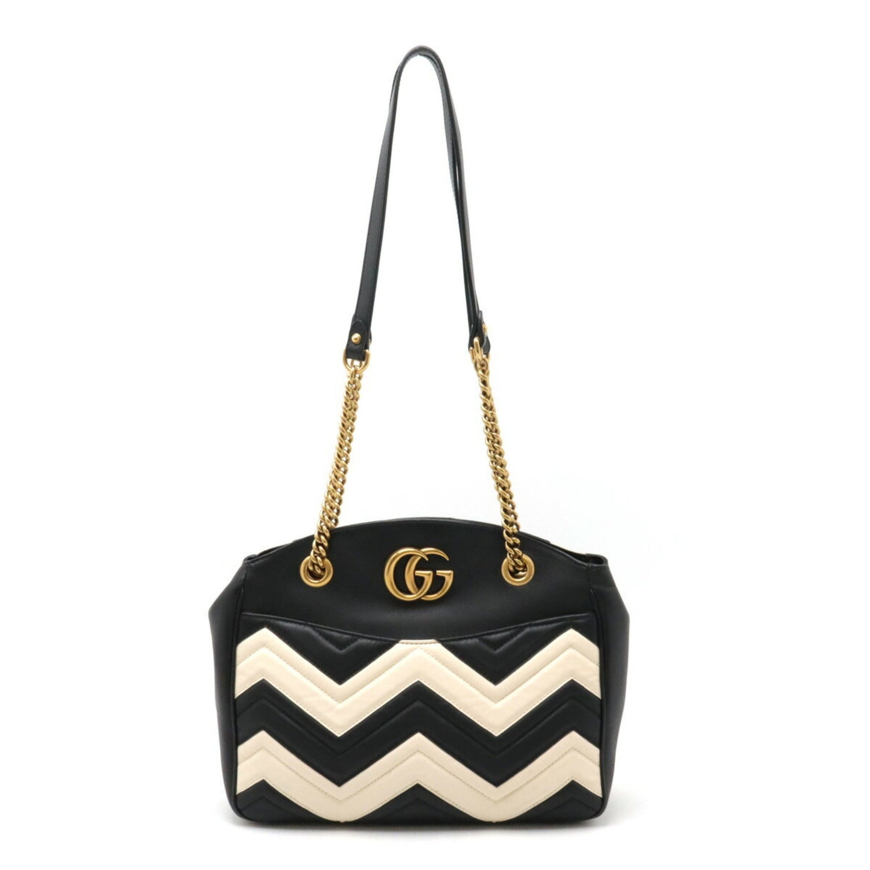 GUCCI GG Marmont quilted tote bag, chain shoulder leather, black, ivory