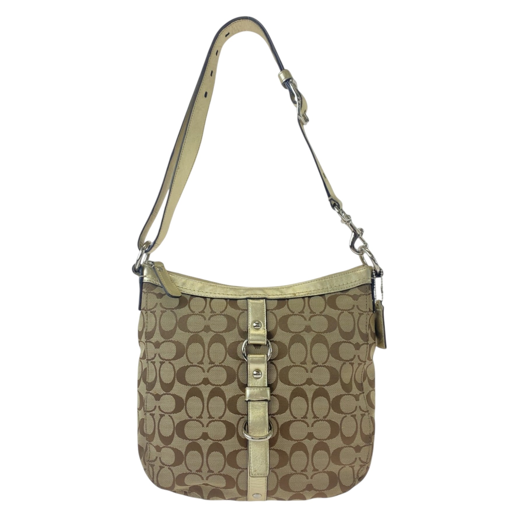 COACH Signature Gold Beige Silver Hardware Canvas Leather Shoulder Bag Pochette