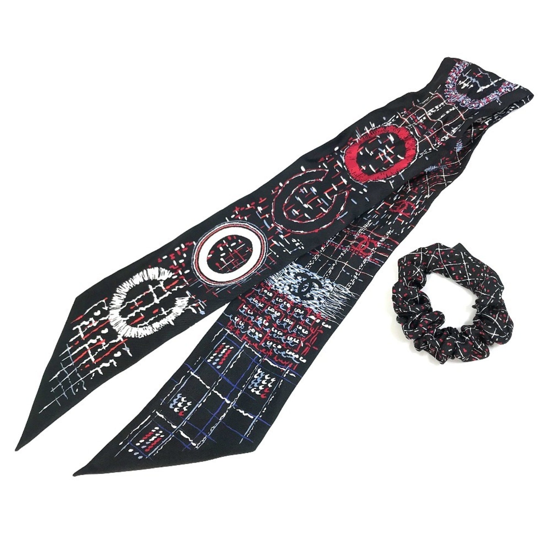 CHANEL Coco Mark CC Scarf Set) with Ribbon, Gold, and Silk Scrunchie Hair Accessory, Like New