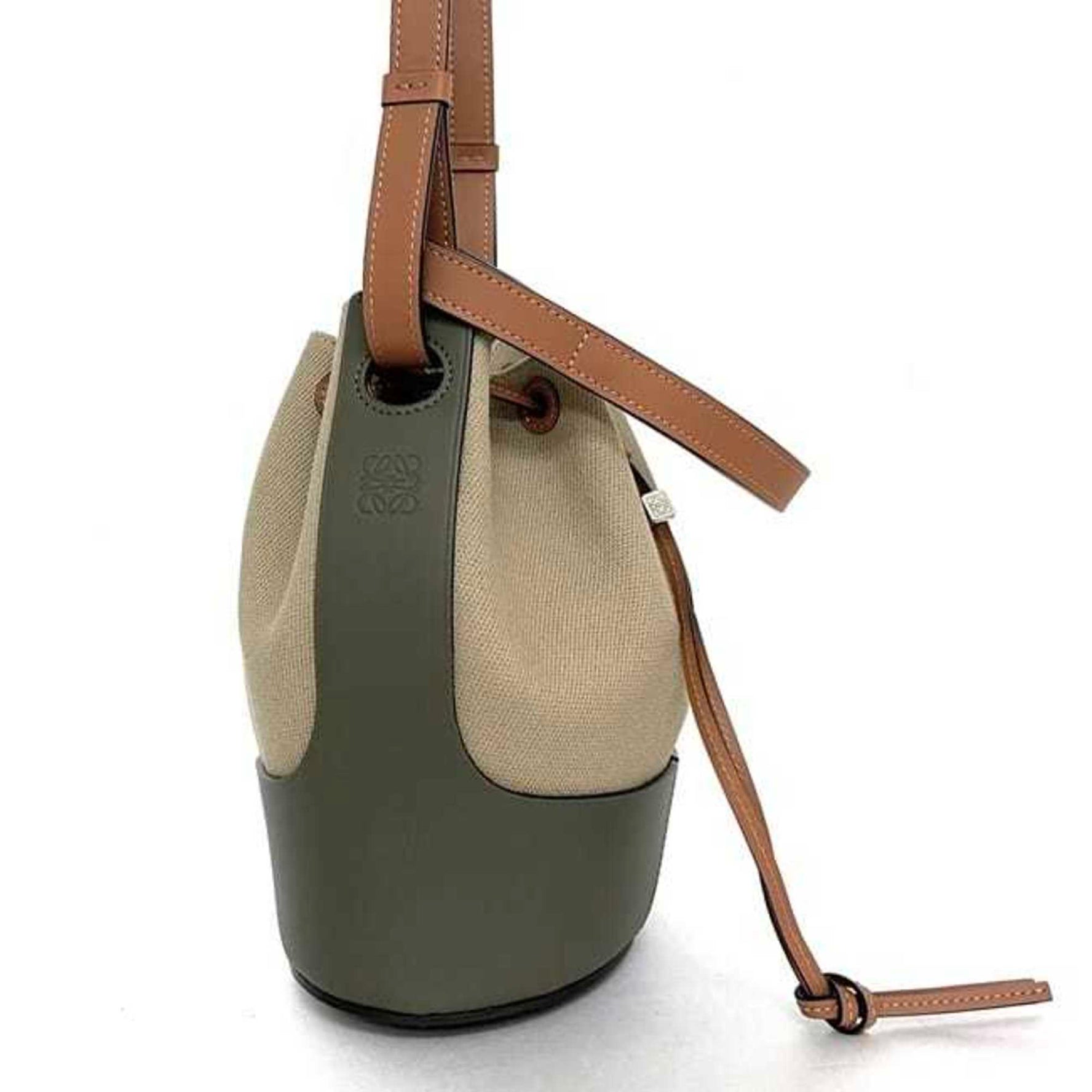 LOEWE Bucket Bag Balloon Beige Khaki Anagram Leather Jacquard Canvas Handbag Bicolor Green Drawstring