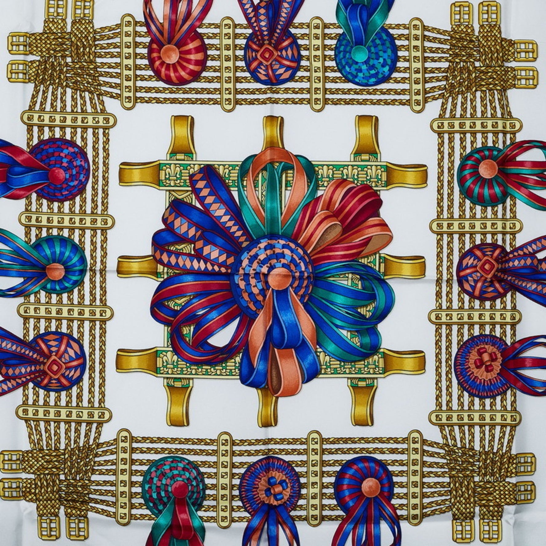 Hermes Carré 90 Horse Ribbon LES RUBANS DU CHEVAL Scarf Muffler Gold Silk